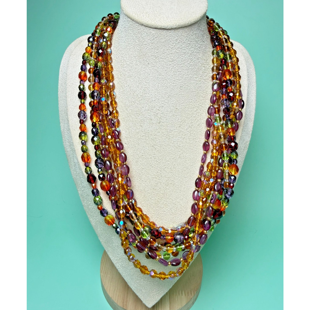 Vtg Joan Rivers 4 Strand Czech Glass Torsade Necklace Multicolor Gold Tone Clip
